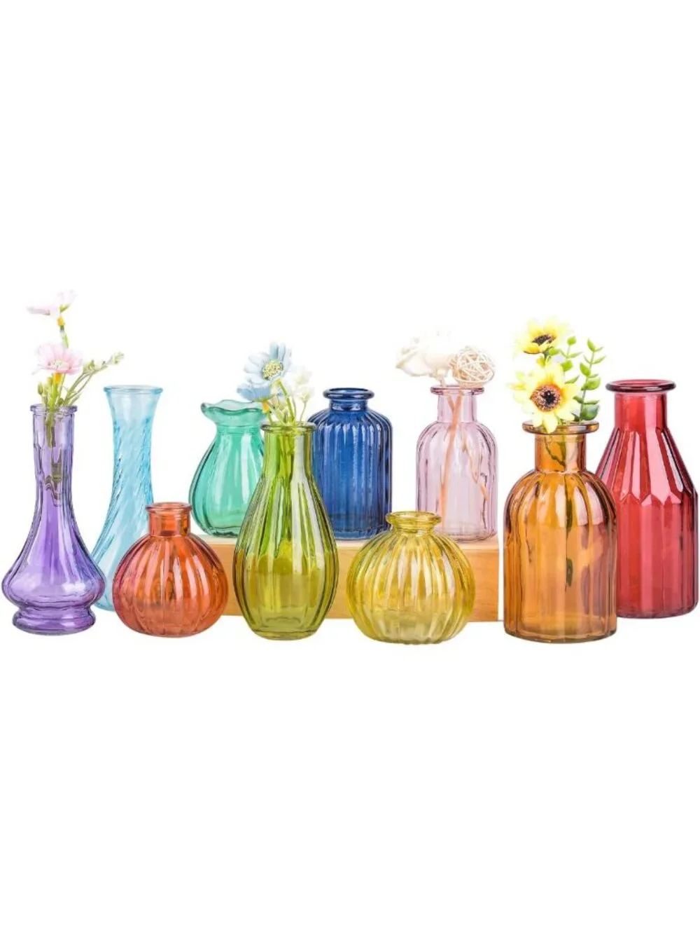 Set of 10 Colorful Glass Bud Vases - Vintage Small Flower Bottles for Home